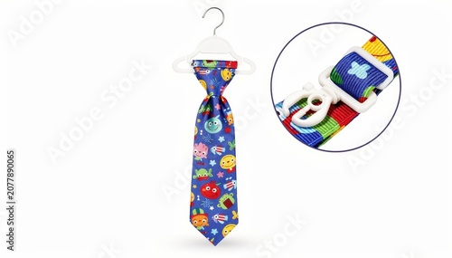 Elastic kids tie with hook closure displayed on a hanger emphasizing safety release mechanisms and vibrant fabric textures ideal for young wearers.