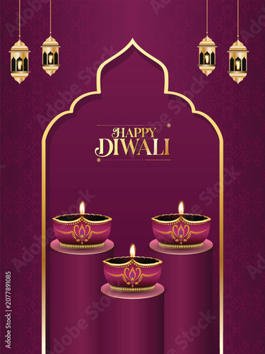 Happy Diwali greeting card with luxurious background, decorative element's like Diya, hanging lanterns used in this design, can be used in Diwali invitation, promotion, social media poster template 