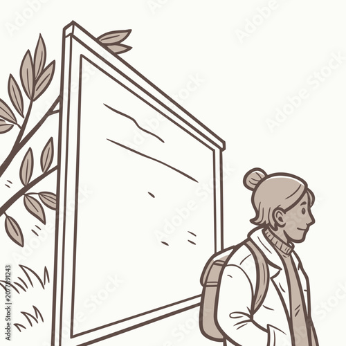 Cuadro en lienzo Person with backpack looking at a blank canvas with a leaf on top backpack creat