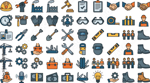 Obraz na plátně Construction Industry and Labor Icon Set Featuring Hard Hats, Industrial Tools,