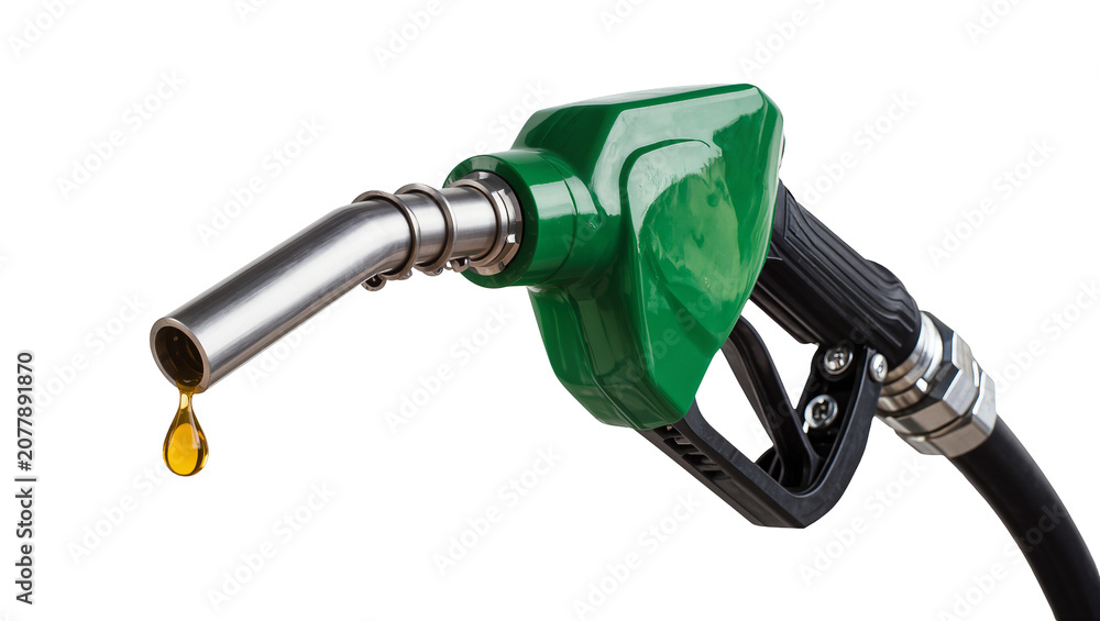 Fototapeta premium Green gas pump nozzle with dripping golden fuel drop, isolated on transparent background