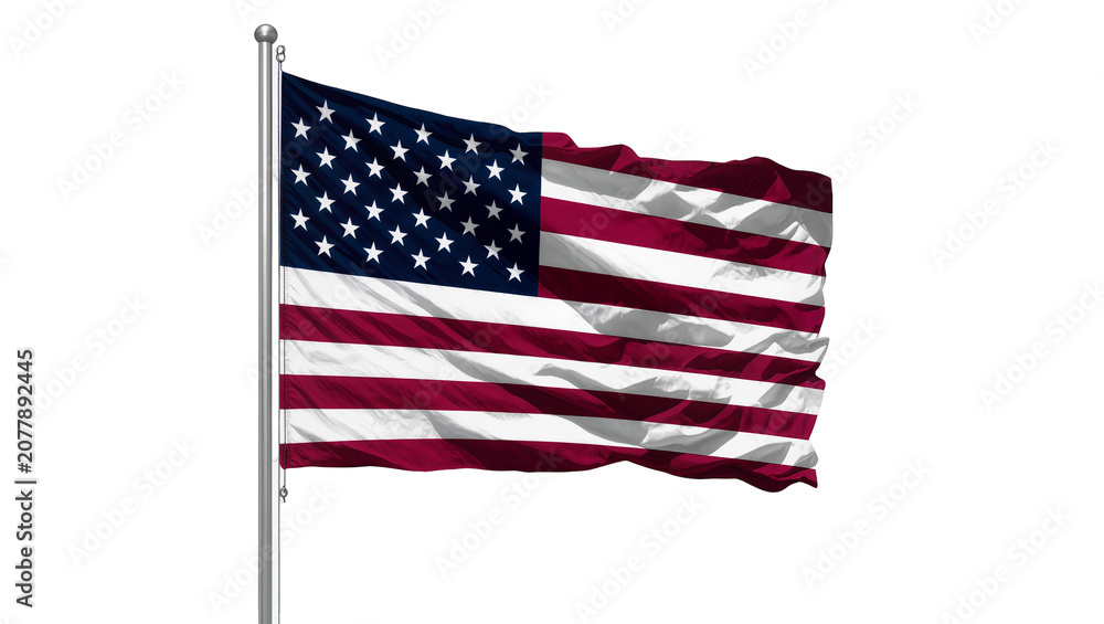 Obraz premium Waving American flag on flagpole, isolated on transparent background
