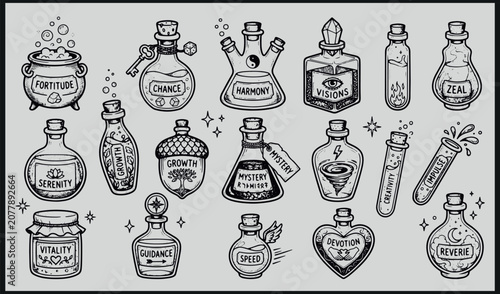 Tableau sur toile Minimalist line art of twenty magical potion bottles with unique shapes and myst