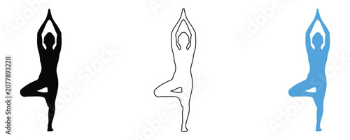 Yoga tree pose illustrations in black white and blue