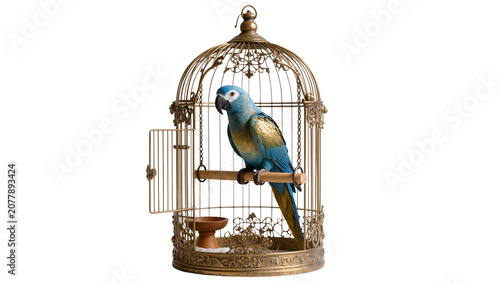Fotografie Blue and gold macaw perched inside ornate antique brass bird cage, isolated on t