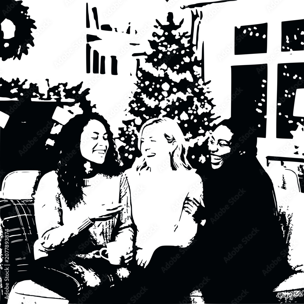 Fototapeta premium Friends laughing at Christmas tree, cozy winter holiday gathering, diverse women smiling