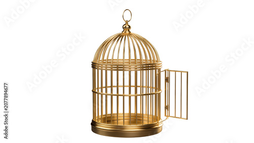 Foto Ornate golden birdcage with open door, isolated on transparent background