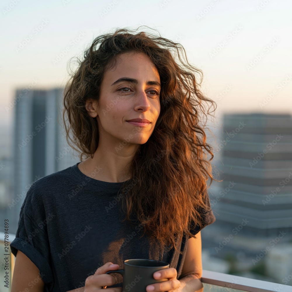 Fototapeta premium Woman on balcony holding a mug with soft sunrise light and city skyline for lifestyle background and mindfulness poster