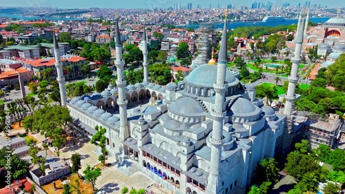 Aerial view of the Blue Mosque in Istanbul, Turkey. Sultanahmet Camii stands out with its grand domes, elegant courtyards and six iconic minarets.