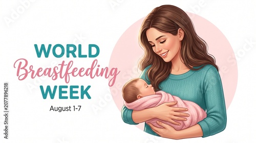Illustration of a mother holding a baby for world breastfeeding week