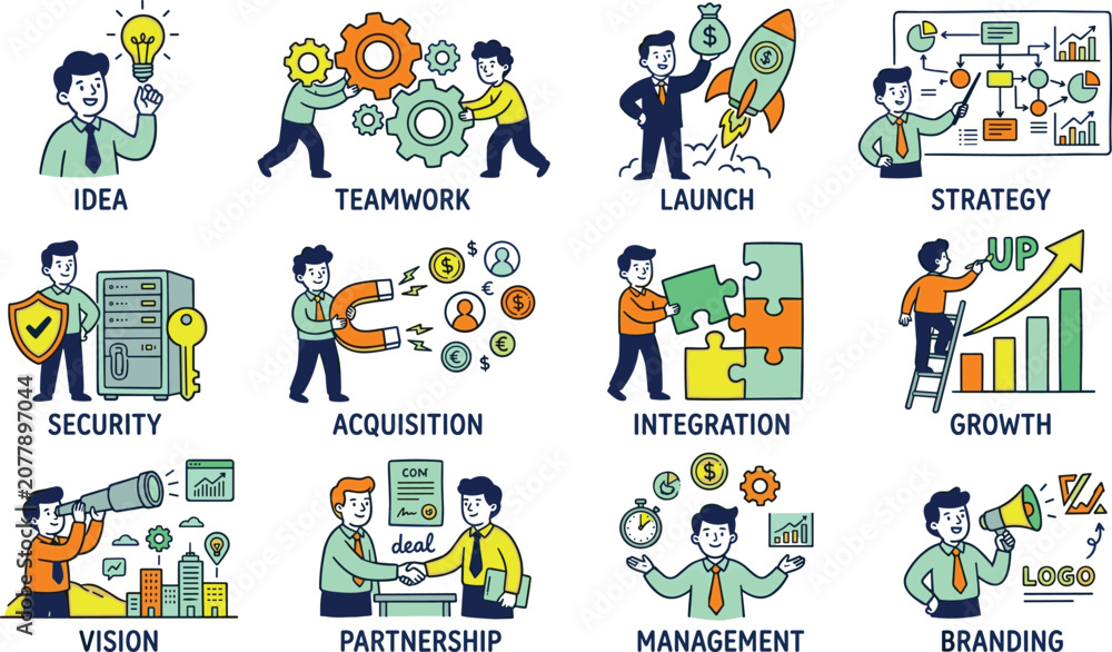 Fototapeta premium Corporate Business Strategy and Startup Management Cartoon Character Icon Set Featuring Teamwork Integration Growth and Branding Concepts for Presentations and Infographic Vectors