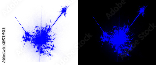 Blue sparkler firework splash on white and black background, glowing electric blue sparks, vibrant light burst effect for celebration and holiday design