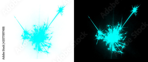Cyan blue sparkler firework effect, glowing electric sparks on black and white backgrounds, vibrant festive light burst for celebration