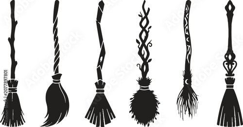 Witch's broom icon vector set. Six unique broom designs with distinct handles and bristles