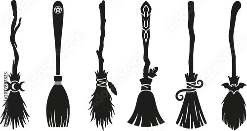 Witch's broom icon vector set. Witch broom collection six unique silhouettes for halloween and magical designs