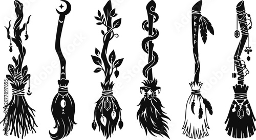 Witch's broom icon vector set. Six unique broom designs with mystical and magical themes for witchcraft and fantasy