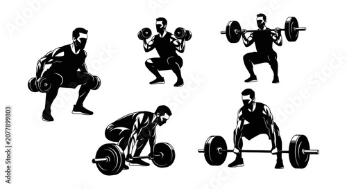 Schilderij op canvas Silhouette Figures Performing Various Weightlifting Exercises.