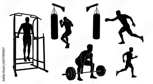 Obraz na plátně Silhouettes of People Performing Diverse Gym Exercises.