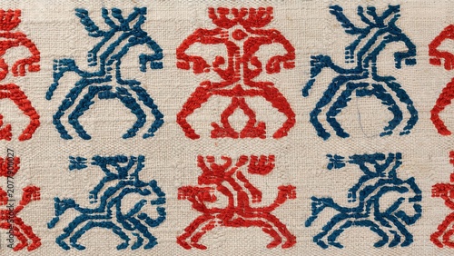 Close-up macro of traditional East Sumba Hinggi Kombu ikat woven textile with symmetrical skull tree motifs in rust red and navy blue on cream ground