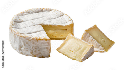 Quadro su tela Whole camembert cheese wheel with a slice removed, isolated on transparent backg
