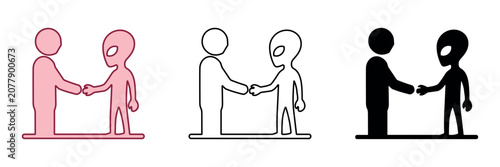 Bild auf Leinwand Human and alien figures shaking hands in three different styles