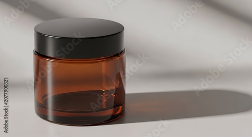 A clean, minimalist amber glass cosmetic jar with a black lid rests on a neutral surface with soft shadows for professional branding needs, treatment, isolate, commercial
