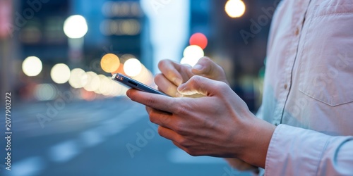 Person Holding Smartphone In Cityscape Blurred Background Photo