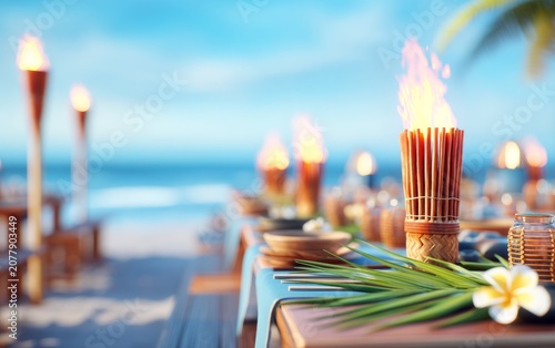 Beautiful Beachside Luau Setup with Traditional Decor and Tropical Atmosphere