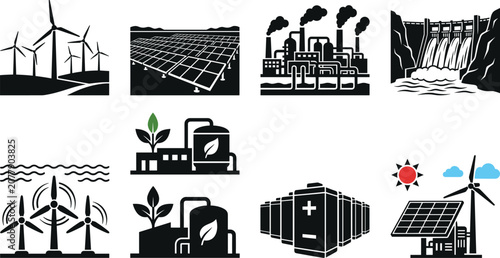Foto Renewable Energy and Sustainable Power Generation Icons Collection with Solar Wi