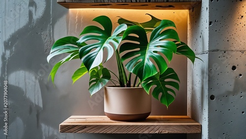 Lush Monstera plant in a modern ceramic pot on a wooden shelf with warm backlighting against a concrete wall, stylish interior decor.