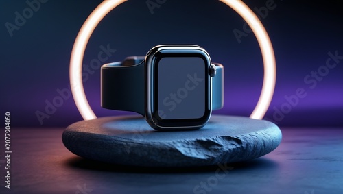 Sleek black smartwatch with blank screen on a dark textured stone display with an abstract glowing ring light background.