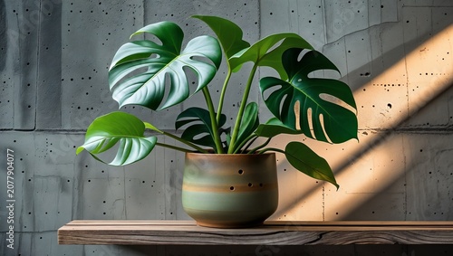 Lush green Monstera deliciosa houseplant in a stylish ceramic pot on a wooden shelf against a textured concrete wall with sunlight.