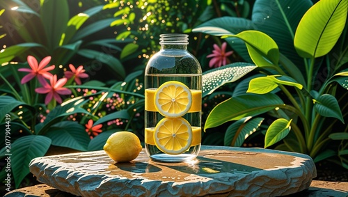 Refreshing lemon-infused water bottle with fresh lemon slices on a natural stone amidst lush green foliage, bright sunlight, healthy drink concept.