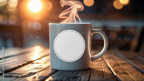 Steaming grey mug with blank customizable label on rustic wooden table, warm blurred bokeh background for design mockups