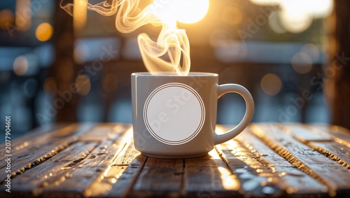 Steaming coffee or tea mug with blank label on rustic wooden table, bathed in warm morning light and bokeh.