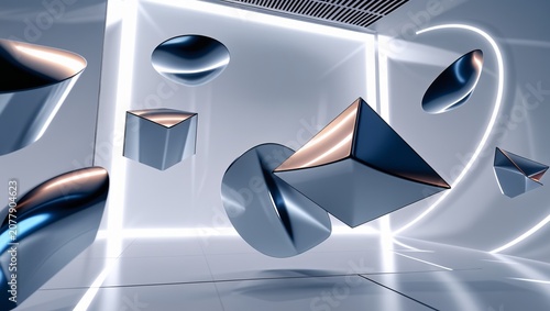 Abstract metallic 3D geometric shapes floating in a modern, futuristic white illuminated room, glowing lights, sleek technology background.