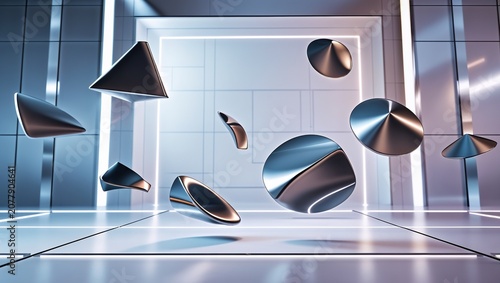 Modern abstract metallic geometric shapes levitating in a futuristic, brightly lit studio space, digital technology concept.