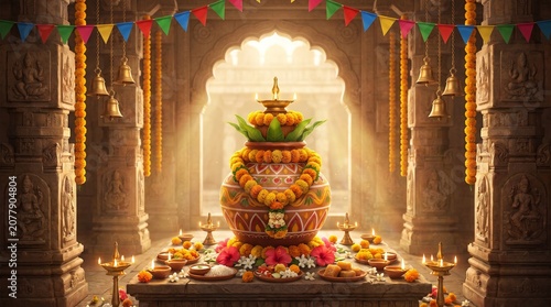 illustration of a traditional Bonalu festival temple interior