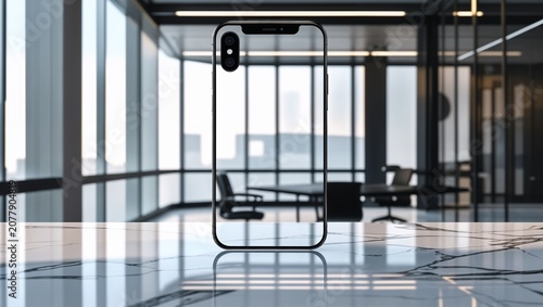 Futuristic transparent smartphone concept in a modern corporate office, representing advanced mobile technology and business innovation.
