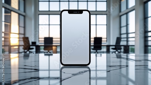 Digital smartphone mockup with blank white screen on reflective floor in modern office. Technology display in professional business setting.