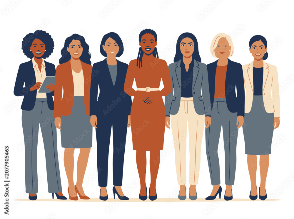 Obraz premium Women Leadership Team Showcasing Diverse Professionals Standing Together in Modern Business Attire