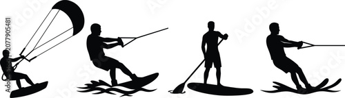 Bild auf Leinwand Water Sports Silhouette Collection with Kitesurfing Wakeboarding Paddleboarding