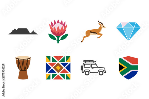 South African icons: Table Mountain, Protea, Springbok, diamond, drum, pattern, safari car, flag
