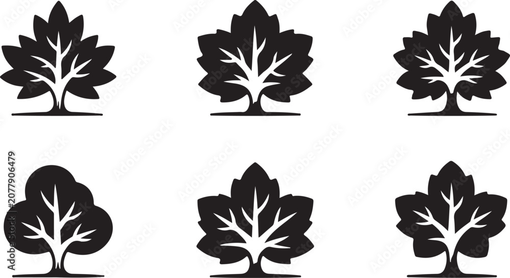 Obraz premium Six black tree silhouettes with varying leaf shapes on white background