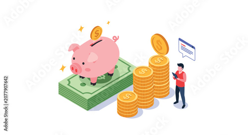 Pink piggy bank standing on a cash stack next to towering gold coins with a businessman looking at his tablet.
