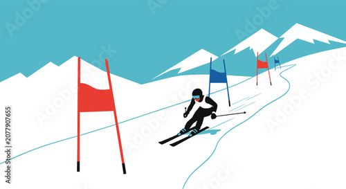 Professional skier racing downhill through red and blue gates on a steep snowy mountain during winter competition.