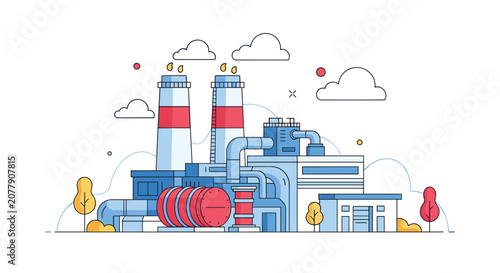 Modern eco-friendly industrial factory plant with high smoking chimneys, pipes, and tanks under cloud sky.