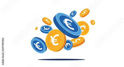 Golden and blue coins with euro and dollar currency symbols flying dynamically in the air against a clean white background.