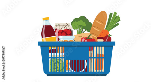 Blue plastic shopping basket overflowing with fresh healthy groceries including vegetables, bread, juice, and bottled preserves.