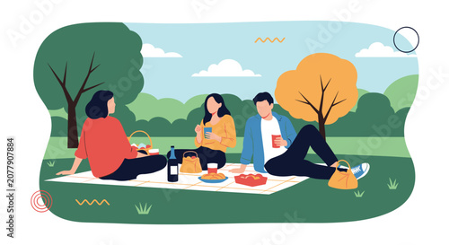 Three happy friends enjoying an outdoor picnic on a blanket in a green park with trees, food, and wine under a cloudy sky.